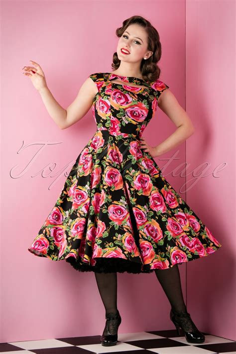 50s Selma Floral Swing Dress In Black