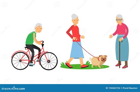 Old Age Pensioner Woman Engaged In Daily Activity Vector Illustration Set Stock Vector