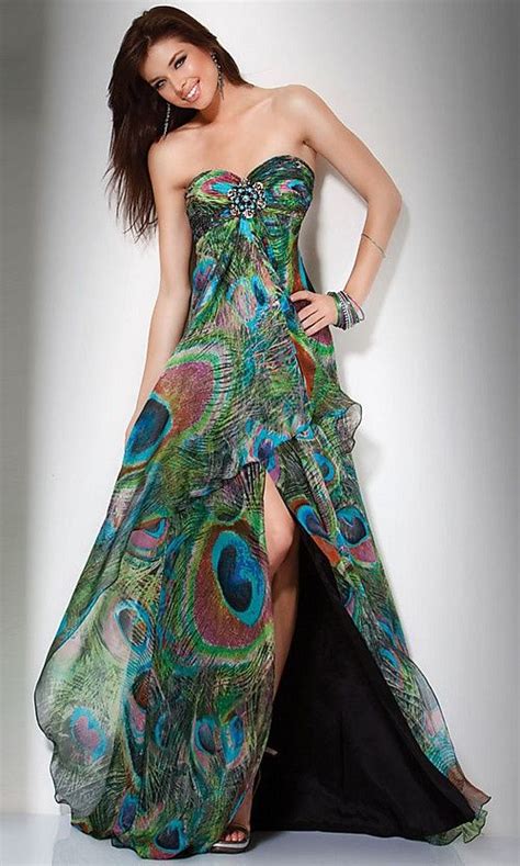 Pin By Casey Murk On Peacock Printed Prom Dresses Peacock Prom Dress
