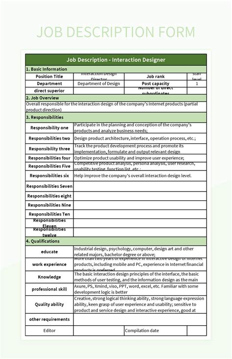 Job Description Template Excel