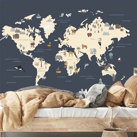 World Map Wallpaper Mural Navy Learning Bugs