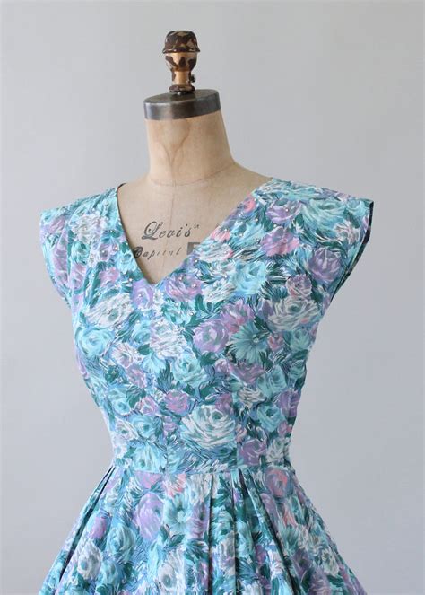 Vintage 1950s Pastel Blue Floral Cotton Day Dress Raleigh Vintage