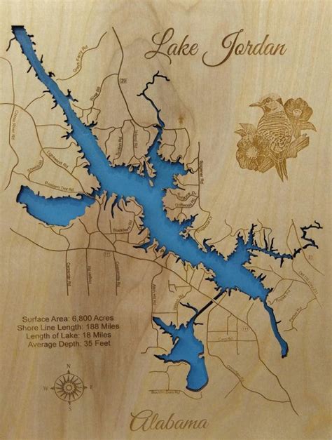 Jordan Lake Alabama Wood Laser Engraved Lake Map Wall