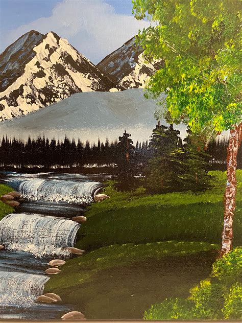 Mountain Waterfall Painting Bob Ross Style Art Rocky Etsy