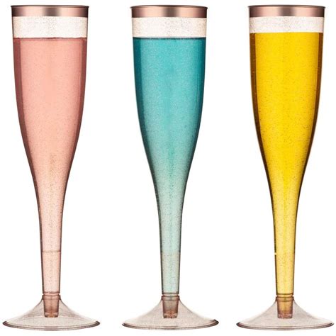 Zwissliv Rose Gold Glitter Plastic Champagne Flutes With Rose Gold Rimmed 5 5oz 30 Pack