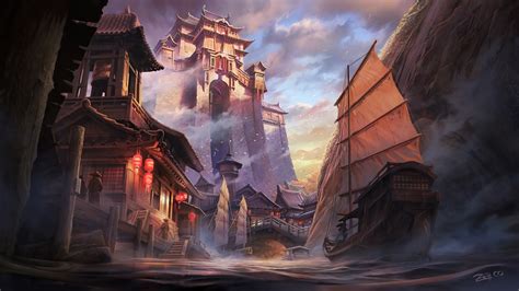 Artwork Fantasy City Ship Fantasy Art Palace Asia Chinese