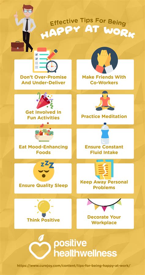 10 Effective Tips For Being Happy At Work Positive Health Wellness Infographic Happy At Work