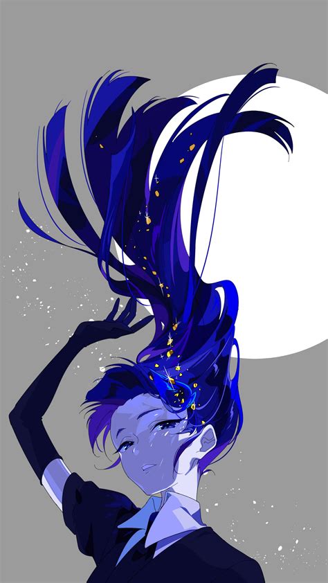 A Woman With Blue Hair Standing In Front Of A Full Moon And Holding Her Hand On Her Head