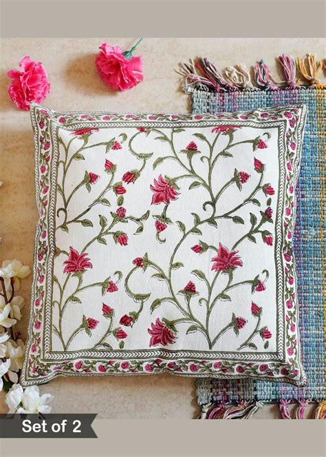 Get Hand Block Printed Jaipuri Multicoloured Cushion Cover Set Of At