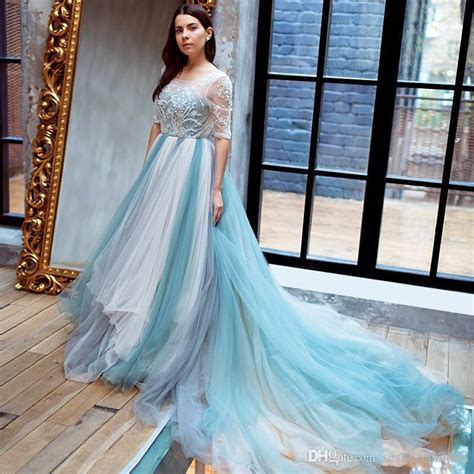 Bonjean Light Sky Blue Lace A Line Wedding Dresses 2019 Long Sleeve