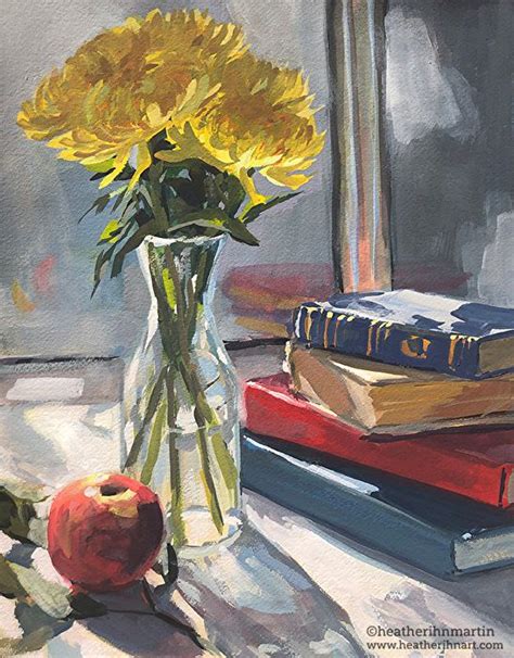 Books And Flowers By Heather Martin Watercolor 16 X 12 Painting Art