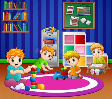 Children Playing With Toys In Playroom Of Kindergarten Stock Vector
