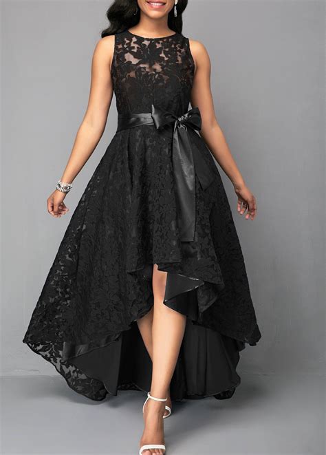 High Low Black Sleeveless Belted Lace Dress High Low Lace Dress