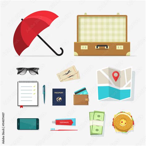 Set Of Travel Things Vector Icons Required Baggage Items To Travel