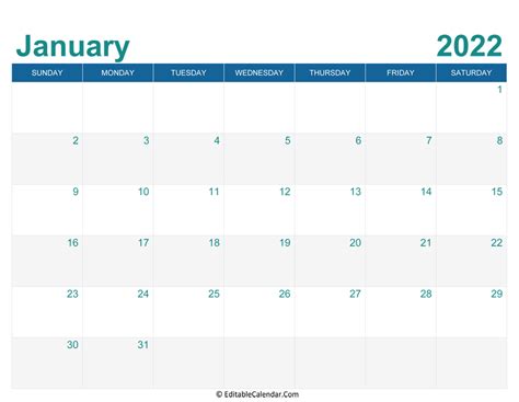Download Printable Monthly Calendar January 2022 Word Version