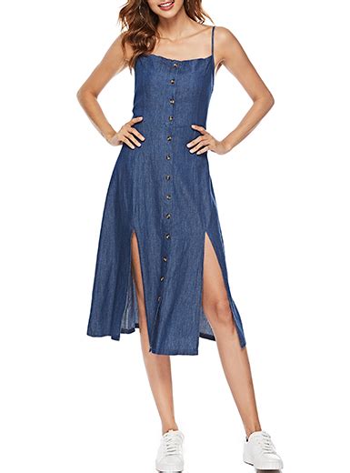 Womens Denim Summer Dress Spaghetti Straps Front Buttons Denim Blue