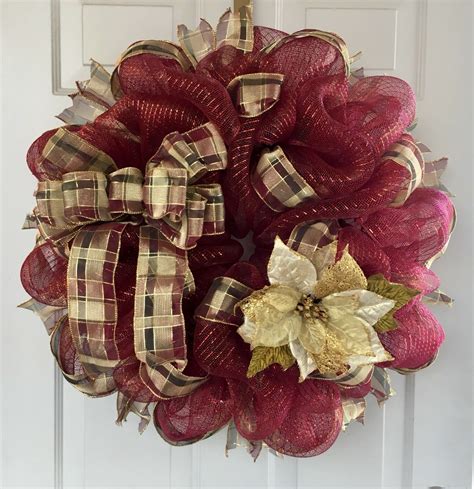Burgundy Holiday Deco Mesh Wreath With Gold Poinsettia Ebay Deco
