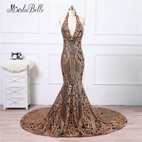 Modabelle Black Gold Long Sequins Evening Dress Mermaid Robe De