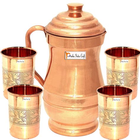 Buy Prisha India Craft Pure Copper Maharaja Jug 1800 Ml Pitcher With 4 Tumbler Volume 300 Ml