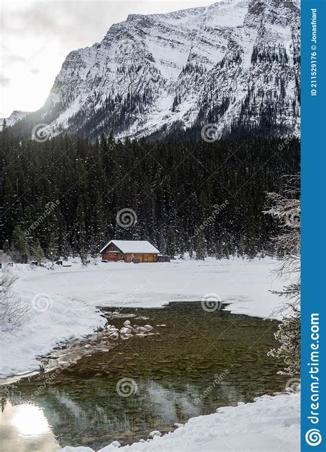 Winter View Of A Wooden Cabin At Lake Louise Stock Photo Image Of