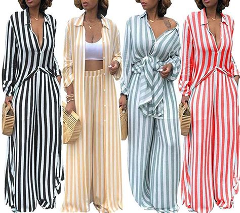 womens 2 piece outfits striped open front kimono cardigan wide leg long pants set at amazon