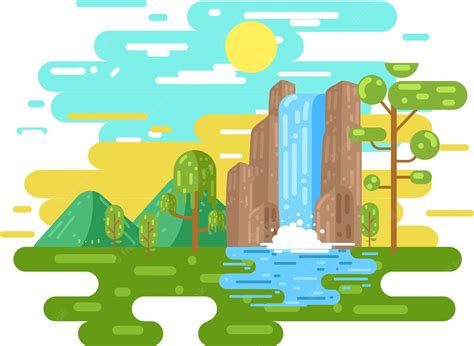 Premium Vector Waterfall Landscape In Flat Design Illustration