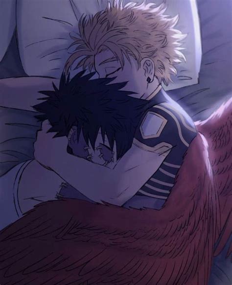 Two Anime Characters Laying In Bed With One Holding The Others Head