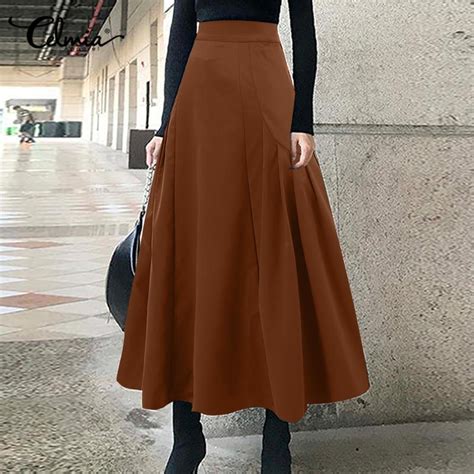 High Waist Long Skirt Women Vintage Loose Pleated A Line Flared Maxi
