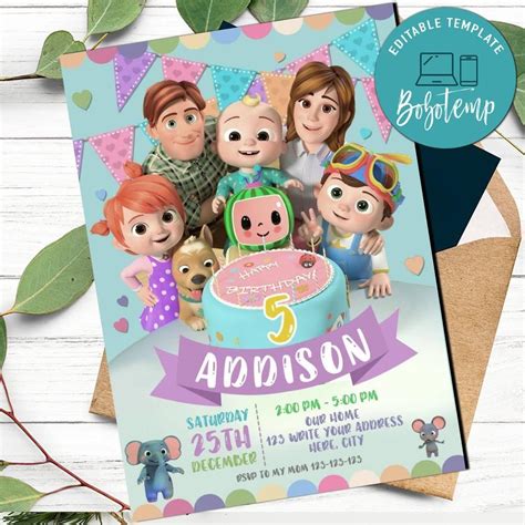 Cocomelon Pastel Invitation Template Instant Download Bobotemp