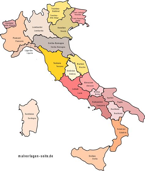 Italien ist eine republik in europa, die zum größten teil auf der vom mittelmeer umschlossenen apenninhalbinsel liegt. Italien Regionen und Hauptstädte Landkarte mit Provinzen