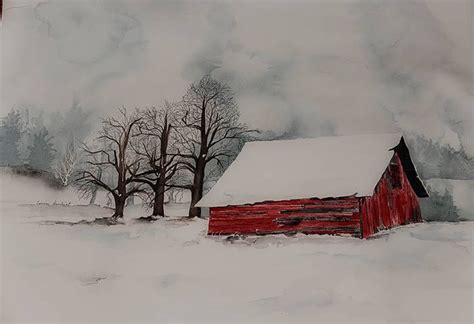 Large Watercolor Painting Of Red Barn In Snow Snow Scene Winter Barn