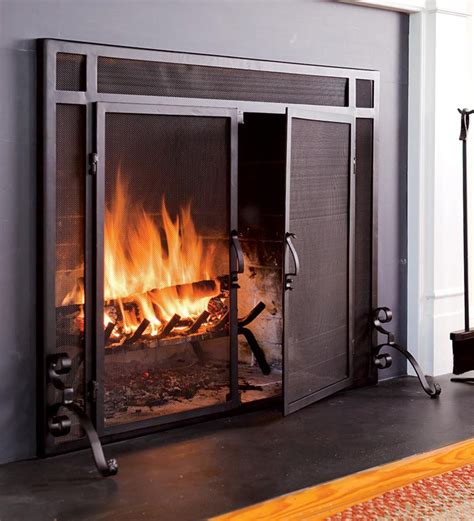 Flat Guard Fire Screens With Doors In Solid Steel 44 W X 33 H Black Plowhearth