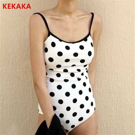 Kekaka Black White Polka Dot One Piece Swimsuit Korea Style Push