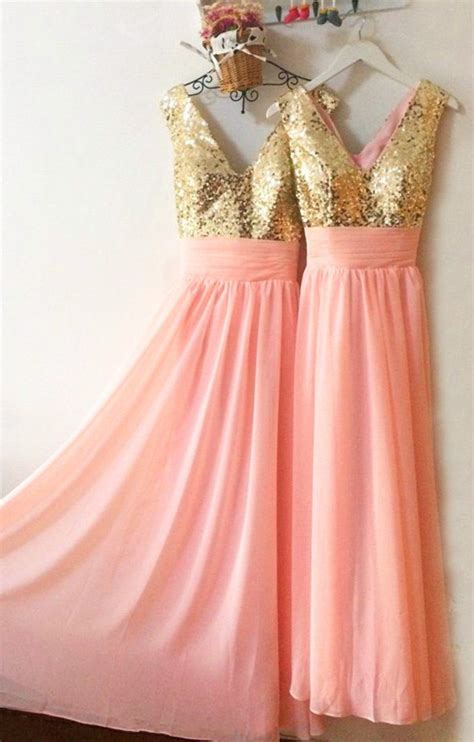 Gold Sequins Long Chiffon Pink Bridesmaid Dresses Sparkly Evening