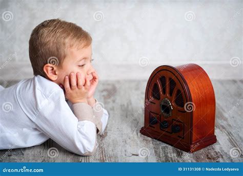 Boy Listening To Retro Radio Stock Photo Image Of Finding Listening