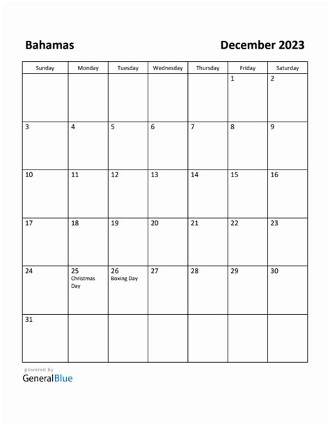 Free Printable December 2023 Calendar For Bahamas