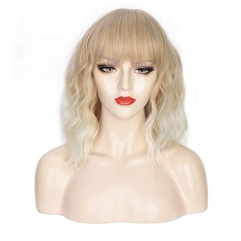 nnzes short omber blonde wavy wig with bangs synthetic bob wig for women girl s heat resitant