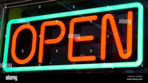 Green And Red Neon Open Sign At Night Store Bar Business Concepts