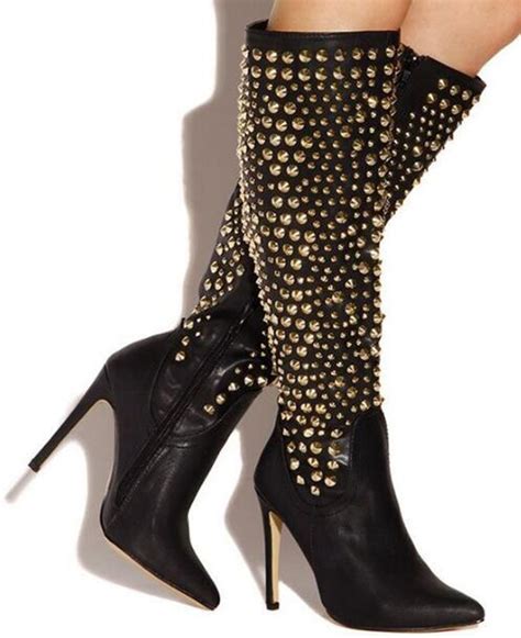 New Fashion Women Pointed Toe Knee High Spike Design High Heel Boots Gold Rivet Long Leather