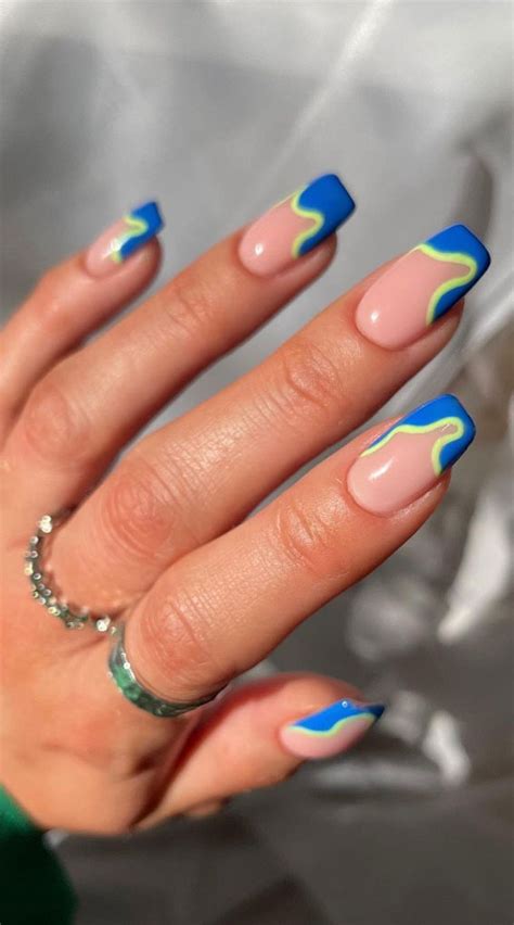 30 Coolest Summer Nails 2021 Blue And Neon Green Swirl French Tip Nails
