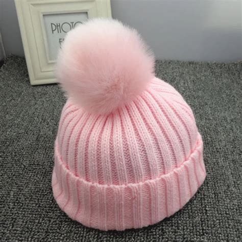 Winter Baby Beanies Knit Cute Hat Girls Warm Hat Natural Fur Ball Pom