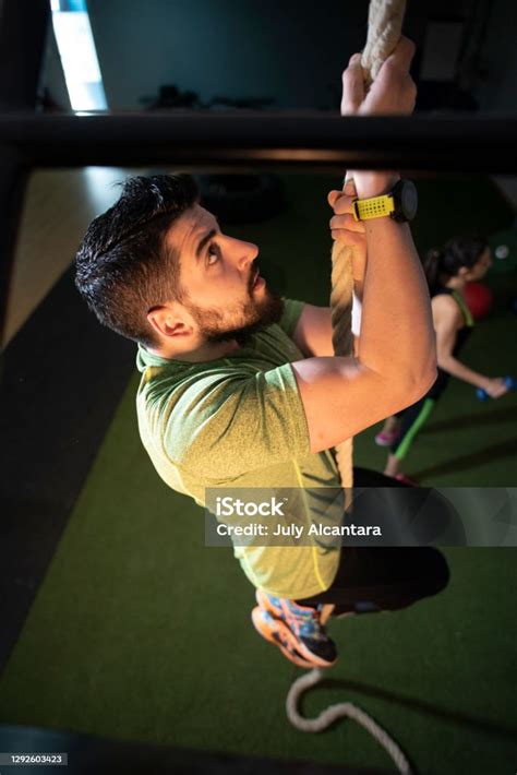 Man In Gym Training Climbing The Rope Stock Photo Download Image Now