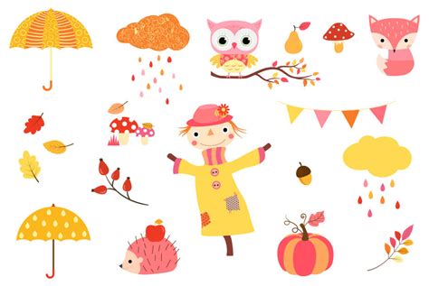 Cute Fall Clipart Set Kawaii Autumn Clip Art Scarecrow