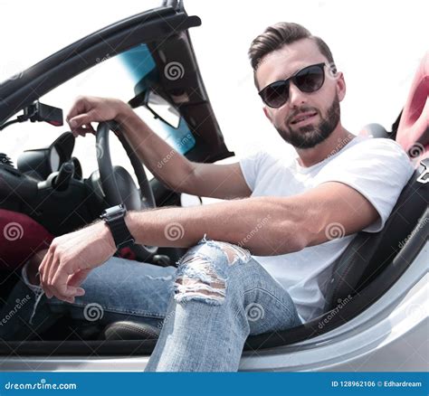Close Upstylish Young Man Sitting In A Luxury Car Stock Photo Image
