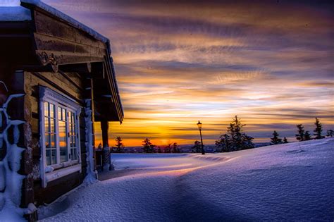 Wallpaper Norway Winter Snow House Cottage Sunset Sky Clouds