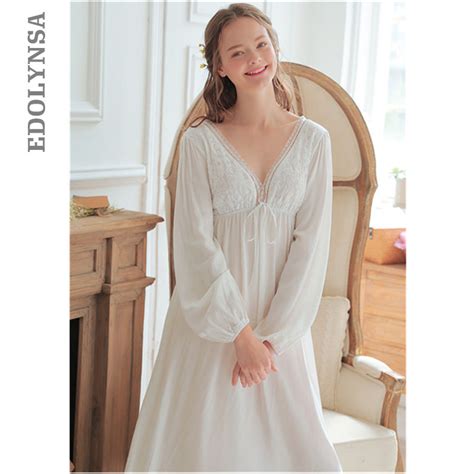 Vintage Sexy Sleepwear Women Cotton Medieval Nightgown White Deep V
