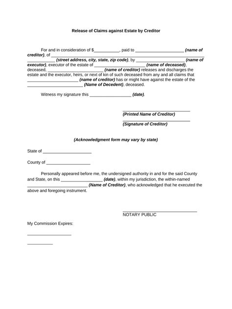 Release Of Claims Against Estate By Creditor Form Fill Out And Sign
