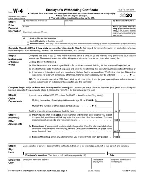 Federal W 4 Worksheet 2020 Printable And Fillable Online Blank