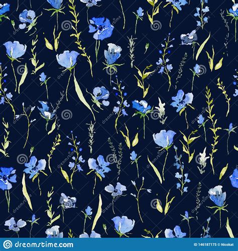 Seamless Pattern With Rustic Gentle Blue Flowers Botanical Background