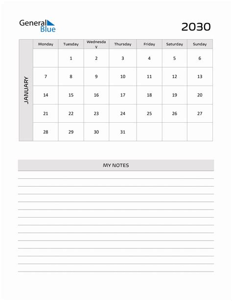January 2030 Printable Monthly Calendar With Notes
